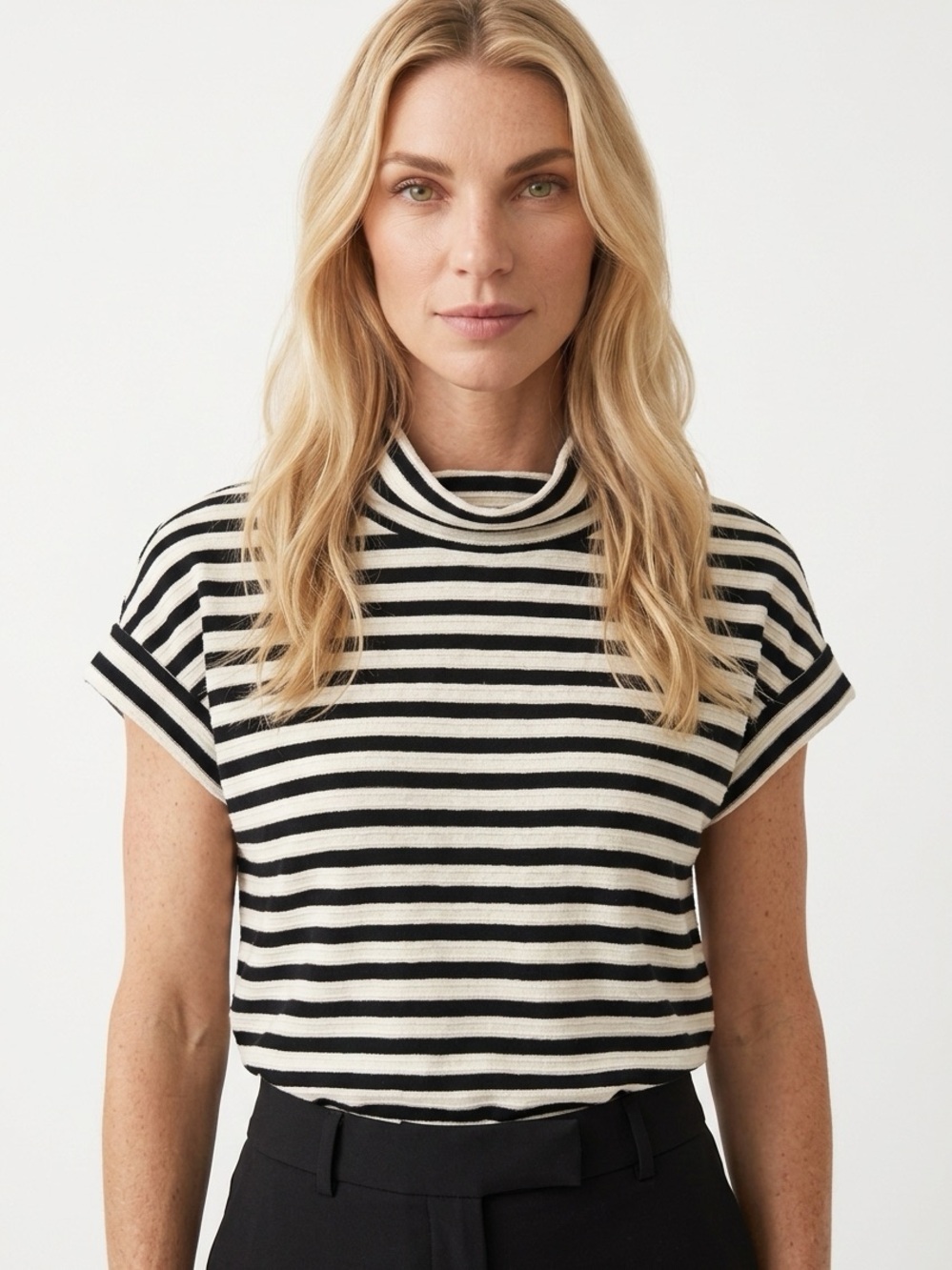 ANTHROPOLOGIE | POSTMARK Black & Cream Striped Mock Neck Top Women’s Size Large
